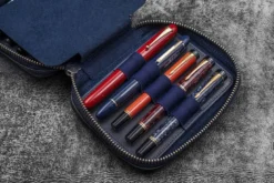 Galen Leather | Funda Expansi-Pouch Leather Wide 10 Slots Pen Case A6 Zip Folio Crazy Horse Navy Blue
