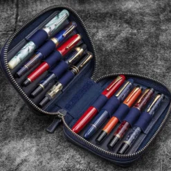 Galen Leather | Funda Expansi-Pouch Leather Wide 10 Slots Pen Case A6 Zip Folio Crazy Horse Navy Blue