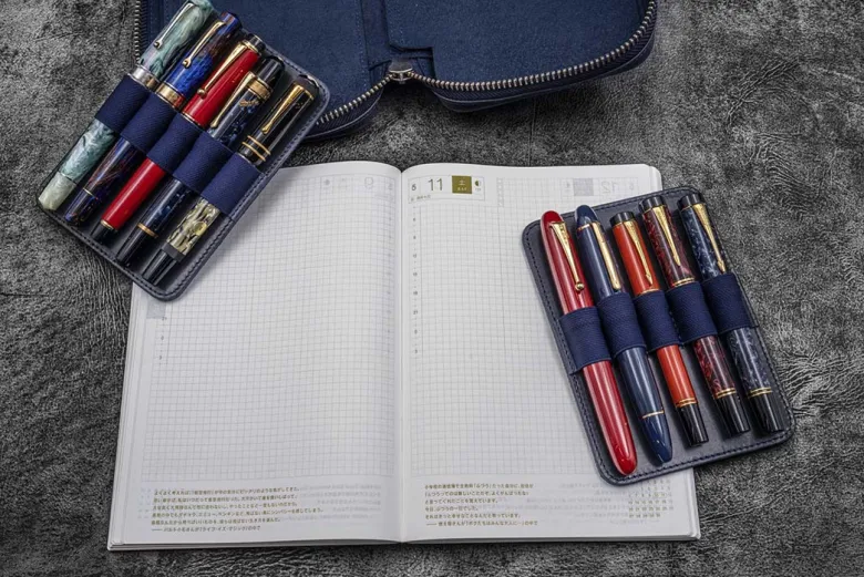 Galen Leather | Funda Expansi-Pouch Leather Wide 10 Slots Pen Case A6 Zip Folio Crazy Horse Navy Blue