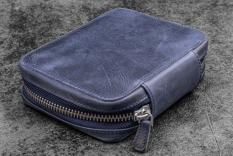 Galen Leather | Funda Expansi-Pouch Leather Wide 10 Slots Pen Case A6 Zip Folio Crazy Horse Navy Blue