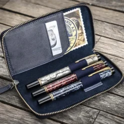Galen Leather | Funda Leather Zippered 3 Slots Pen Case Crazy Horse Navy Blue