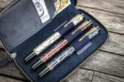 Galen Leather | Funda Leather Zippered 3 Slots Pen Case Crazy Horse Navy Blue