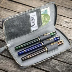 Galen Leather | Funda Leather Zippered 3 Slots Pen Case Crazy Horse Smoky