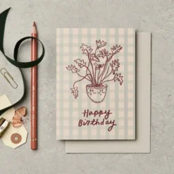 Katie Leamon | Tarjeta de Felicitación Gingham Plant Birthday